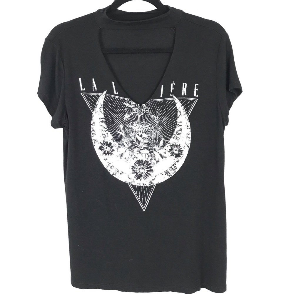 Moon Child Black Cut Out V Neck T Shirt Sz L